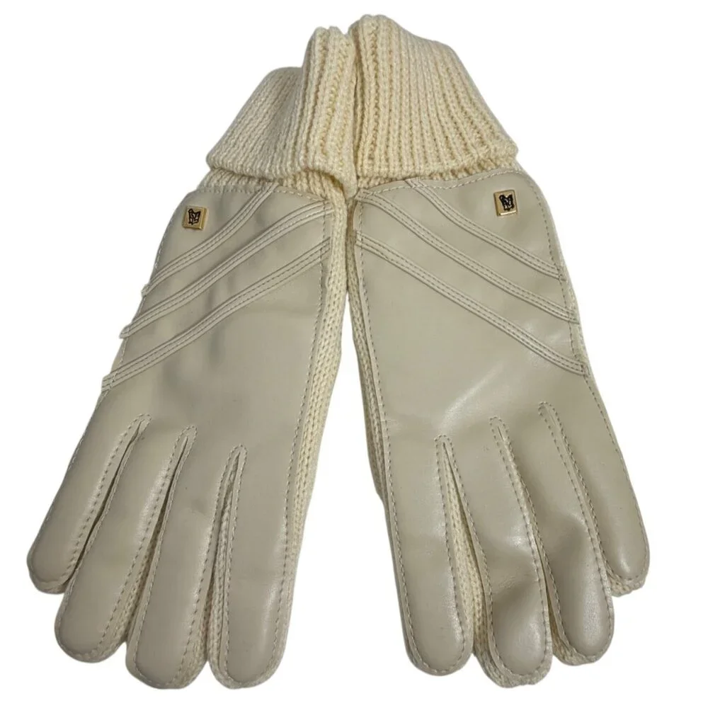 Vintage Ladies Vinyl Palm & Back Gloves With Knit Cuff Cream New In Box